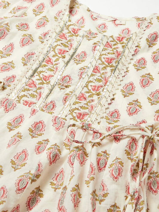 Women'S Cream Floral Anarkali Cotton Kurta Palazzo Set With Dupatta | LASVINI - Redefining Indian Fashion with Elegance