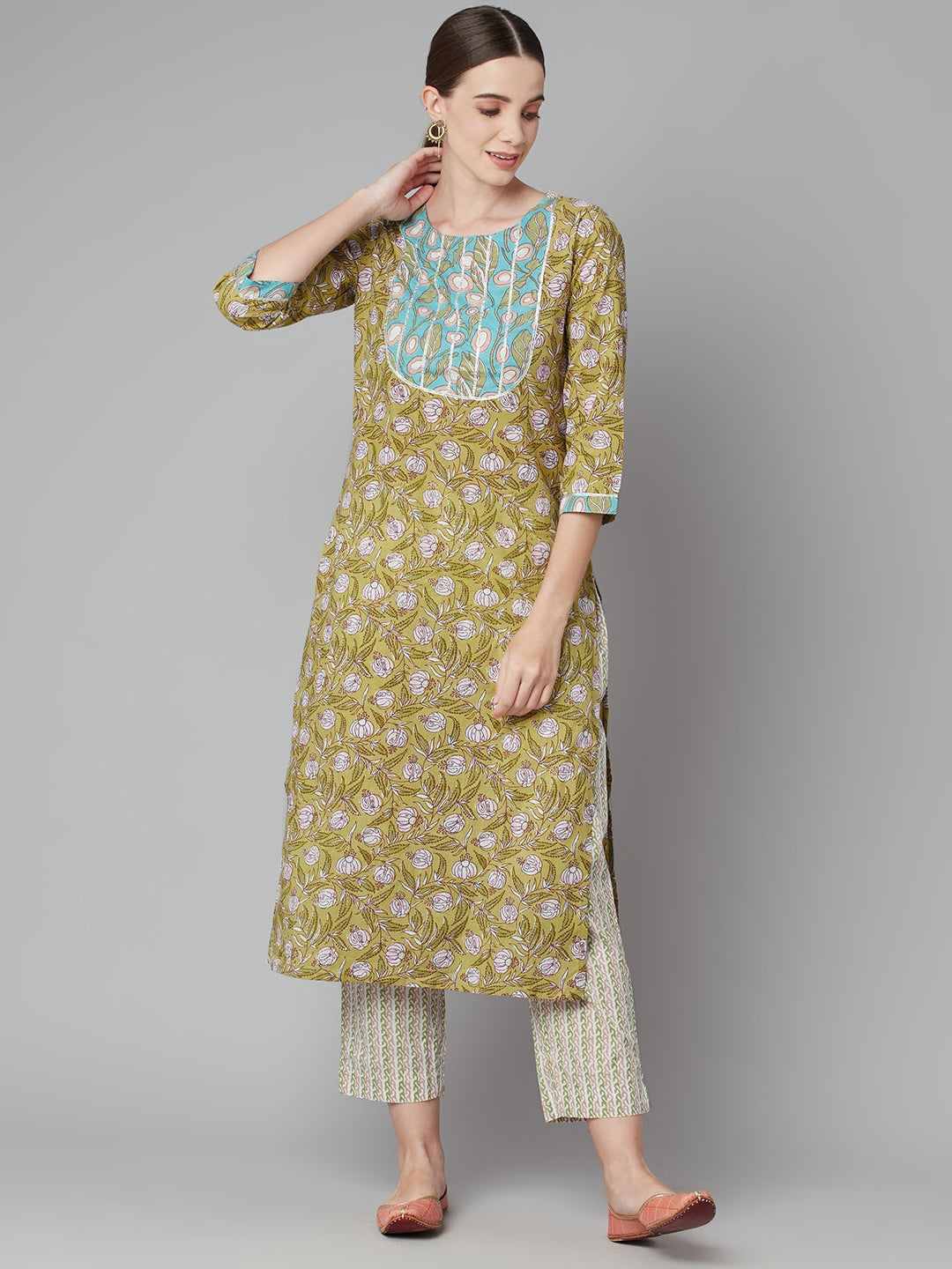 Women'S Pastel Green Floral Printed Cotton Kurta Pant Set | LASVINI - Redefining Indian Fashion with Elegance