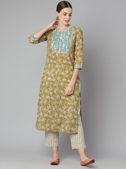 Women'S Pastel Green Floral Printed Cotton Kurta Pant Set | LASVINI - Redefining Indian Fashion with Elegance