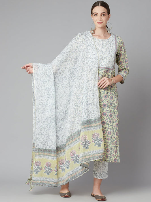 Women'S Yellow Floral Printed Cotton Kurta Pant Set With Dupatta | LASVINI - Redefining Indian Fashion with Elegance