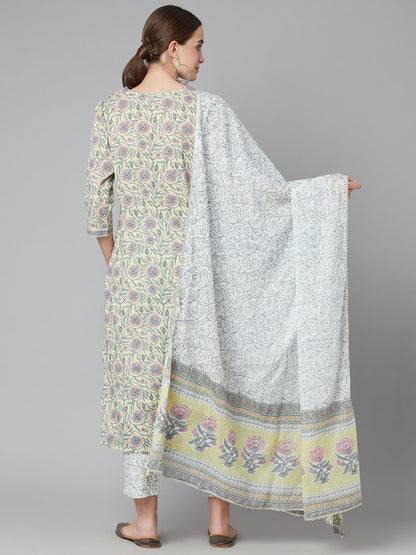 Women'S Yellow Floral Printed Cotton Kurta Pant Set With Dupatta | LASVINI - Redefining Indian Fashion with Elegance