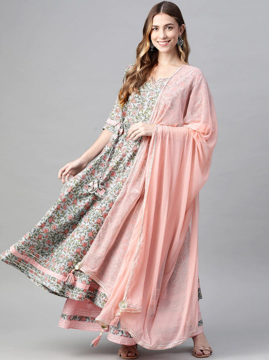 Women'S Pastel Blue Floral Anarkali Cotton Kurta Palazzo Set With Dupatta | LASVINI - Redefining Indian Fashion with Elegance
