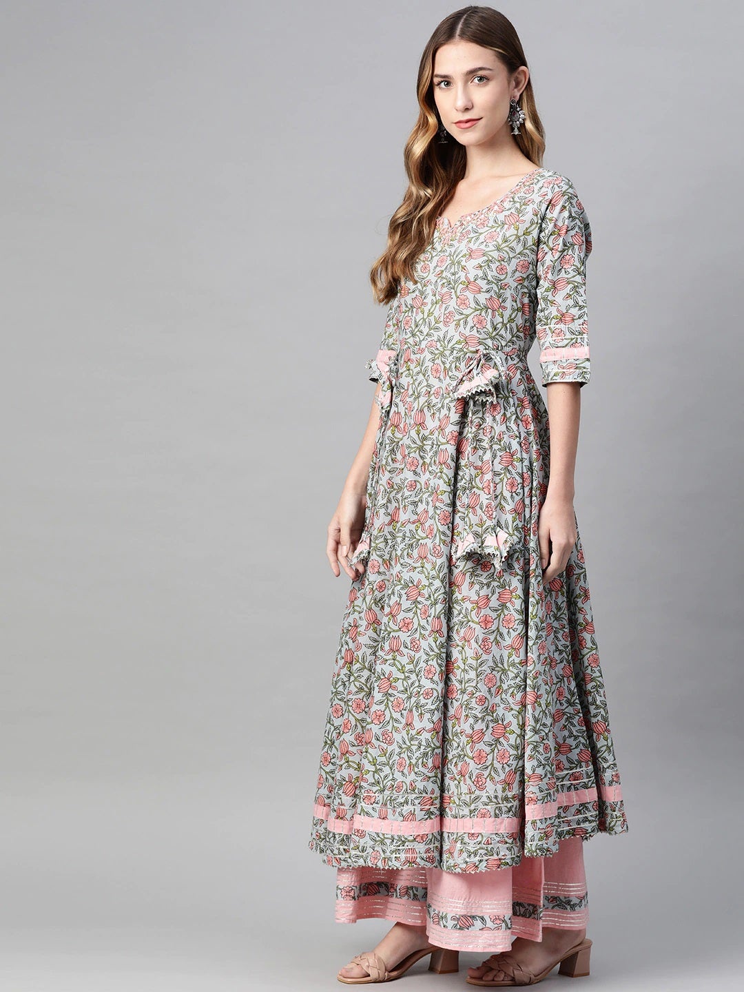 Women'S Pastel Blue Floral Anarkali Cotton Kurta Palazzo Set With Dupatta | LASVINI - Redefining Indian Fashion with Elegance