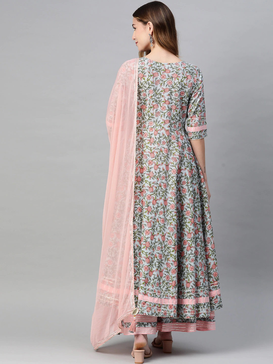 Women'S Pastel Blue Floral Anarkali Cotton Kurta Palazzo Set With Dupatta | LASVINI - Redefining Indian Fashion with Elegance