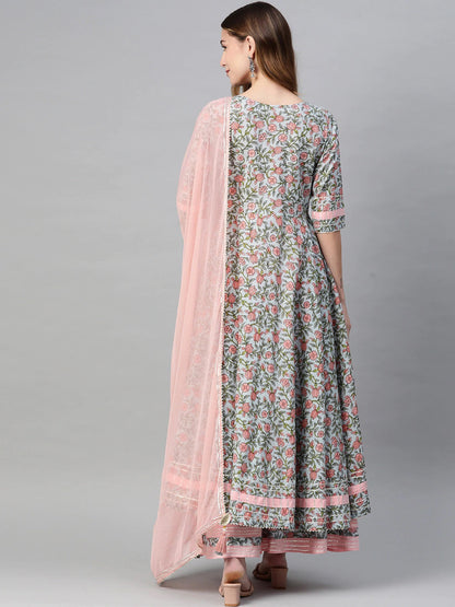 Women'S Pastel Blue Floral Anarkali Cotton Kurta Palazzo Set With Dupatta | LASVINI - Redefining Indian Fashion with Elegance