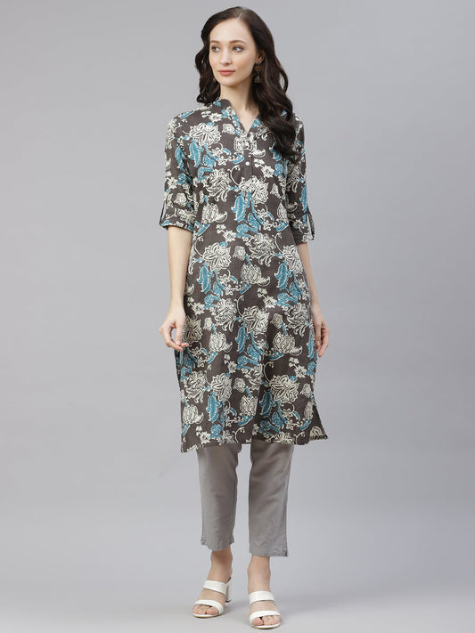 Women'S Brown Floral Printed Straight Kurta | LASVINI - Redefining Indian Fashion with Elegance