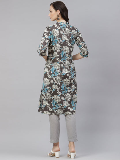Women'S Brown Floral Printed Straight Kurta | LASVINI - Redefining Indian Fashion with Elegance