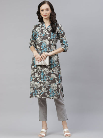 Women'S Brown Floral Printed Straight Kurta | LASVINI - Redefining Indian Fashion with Elegance