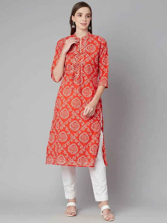 Women'S Red Bandhej Straight Kurta | LASVINI - Redefining Indian Fashion with Elegance
