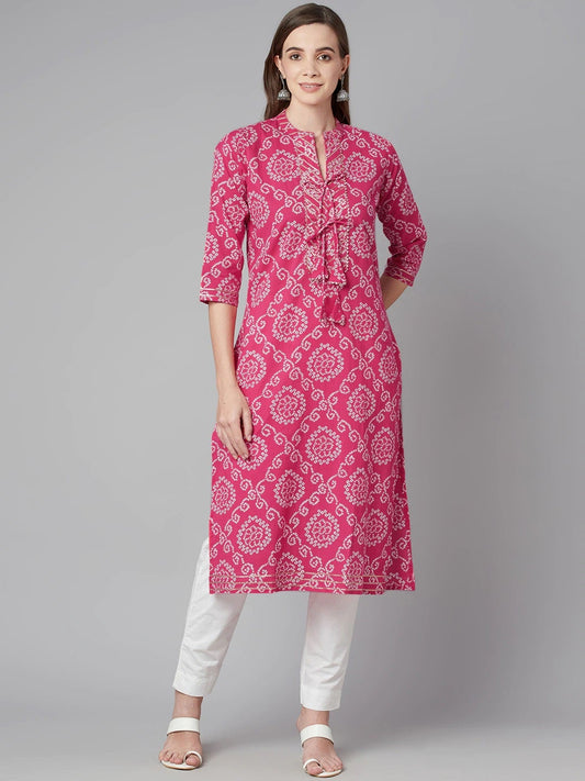 Women'S Pink Bandhej Straight Kurta | LASVINI - Redefining Indian Fashion with Elegance