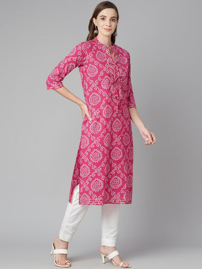Women'S Pink Bandhej Straight Kurta | LASVINI - Redefining Indian Fashion with Elegance