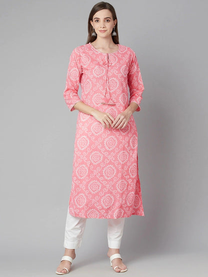 Women'S Baby Pink Bandhej Straight Kurta | LASVINI - Redefining Indian Fashion with Elegance