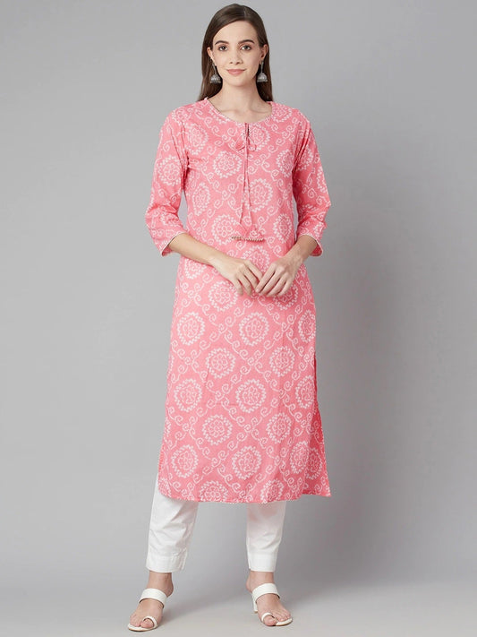Women'S Baby Pink Bandhej Straight Kurta | LASVINI - Redefining Indian Fashion with Elegance
