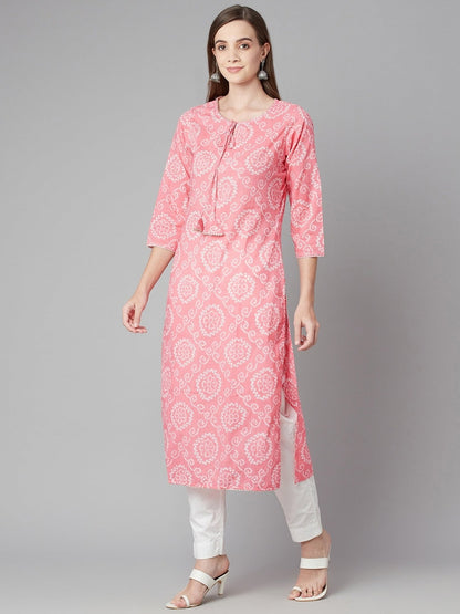 Women'S Baby Pink Bandhej Straight Kurta | LASVINI - Redefining Indian Fashion with Elegance