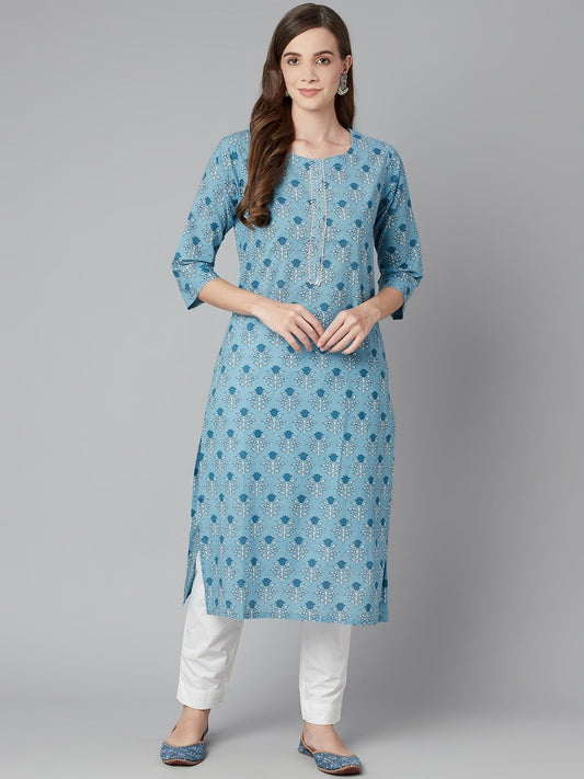 Women'S Sky Blue Floral Straight Kurta | LASVINI - Redefining Indian Fashion with Elegance