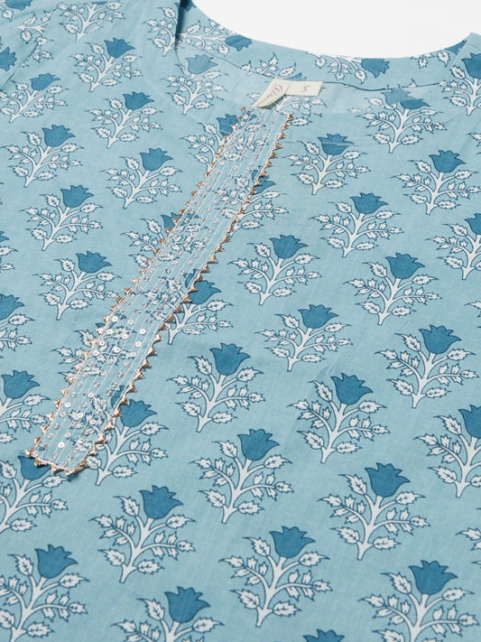 Women'S Sky Blue Floral Straight Kurta | LASVINI - Redefining Indian Fashion with Elegance