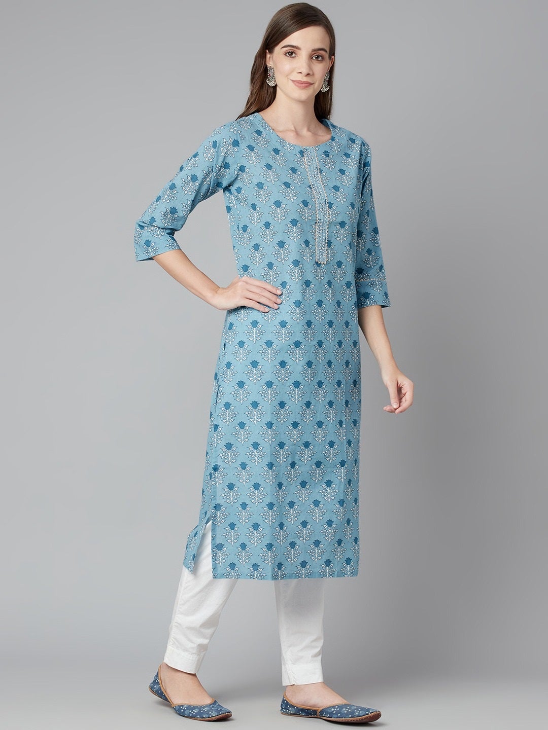 Women'S Sky Blue Floral Straight Kurta | LASVINI - Redefining Indian Fashion with Elegance