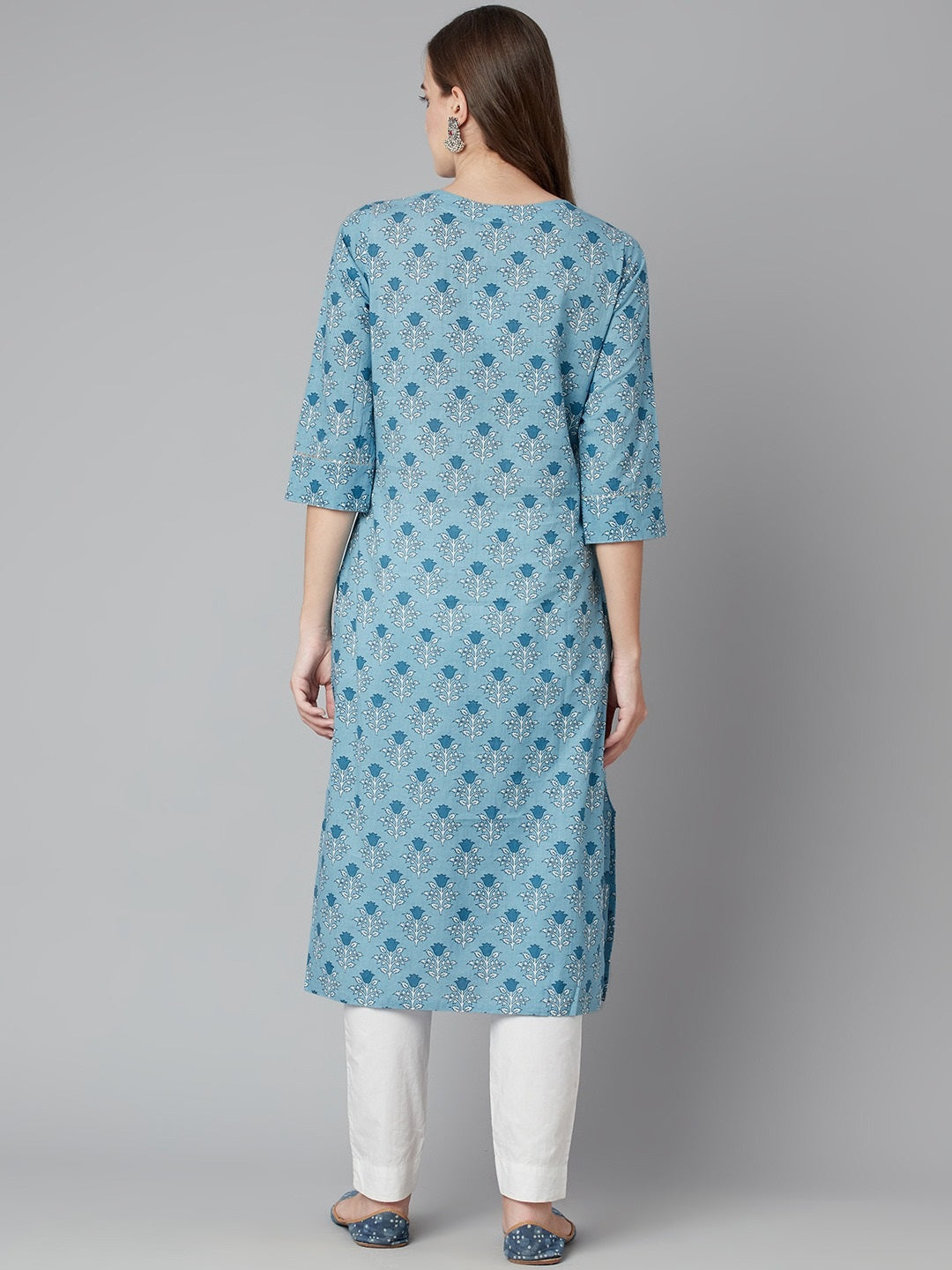 Women'S Sky Blue Floral Straight Kurta | LASVINI - Redefining Indian Fashion with Elegance
