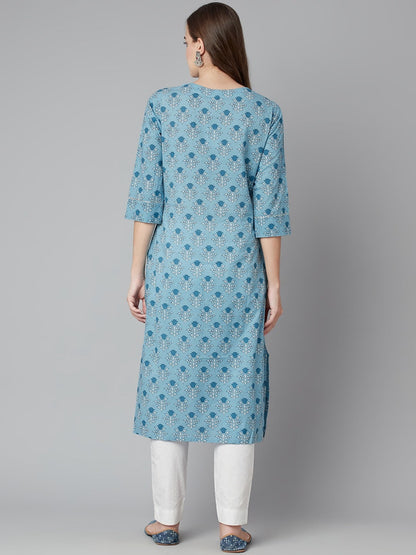 Women'S Sky Blue Floral Straight Kurta | LASVINI - Redefining Indian Fashion with Elegance