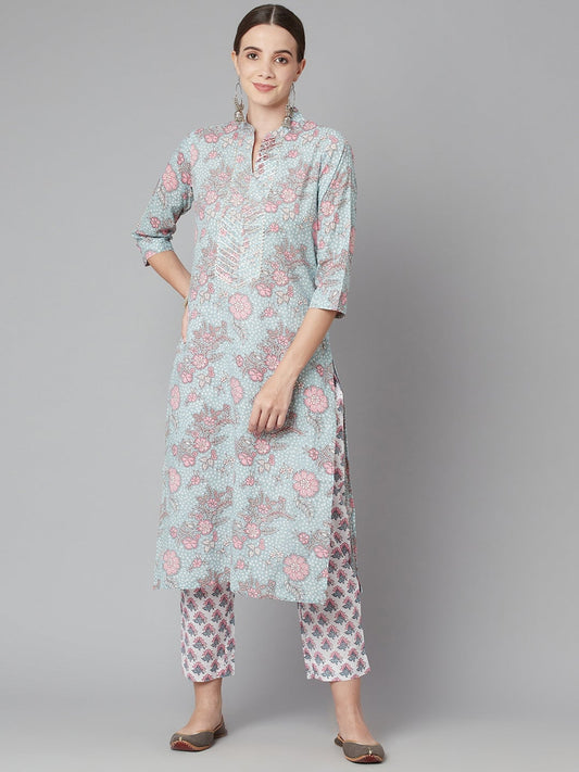Women'S Grey Pastel Floral Printed Cotton Kurta Pant Set | LASVINI - Redefining Indian Fashion with Elegance