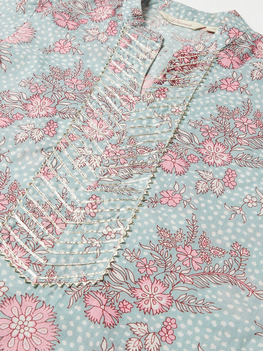 Women'S Grey Pastel Floral Printed Cotton Kurta Pant Set | LASVINI - Redefining Indian Fashion with Elegance