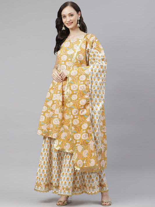 Women'S Yellow Cotton Anarkali Kurta Sharara Set With Dupatta | LASVINI - Redefining Indian Fashion with Elegance