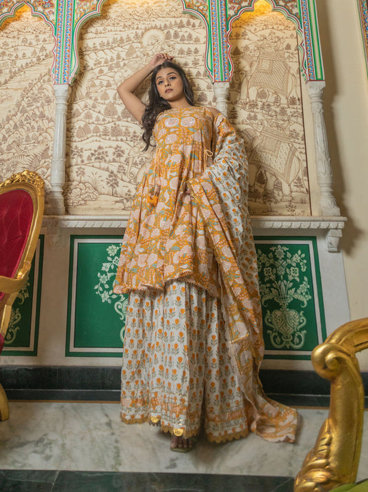 Women Yellow Cotton Anarkali Kurta Sharara Set With Dupatta | LASVINI - Redefining Indian Fashion with Elegance