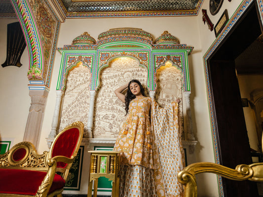 Women'S Yellow Cotton Anarkali Kurta Sharara Set With Dupatta | LASVINI - Redefining Indian Fashion with Elegance