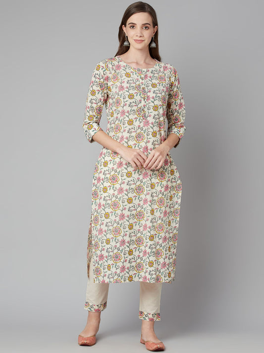 Women'S Cream Floral Printed Cotton Kurta Pant Set | LASVINI - Redefining Indian Fashion with Elegance