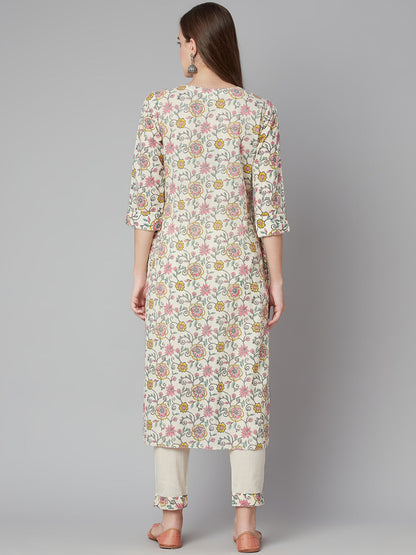 Women'S Cream Floral Printed Cotton Kurta Pant Set | LASVINI - Redefining Indian Fashion with Elegance