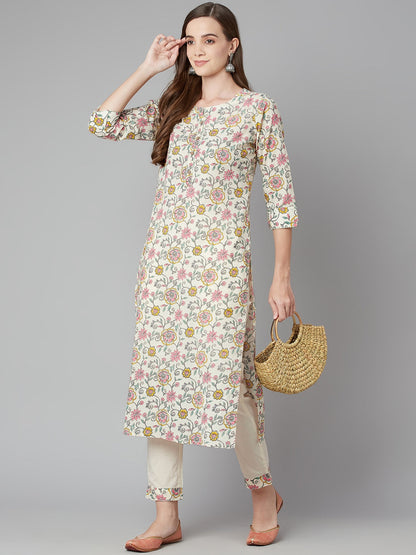 Women'S Cream Floral Printed Cotton Kurta Pant Set | LASVINI - Redefining Indian Fashion with Elegance