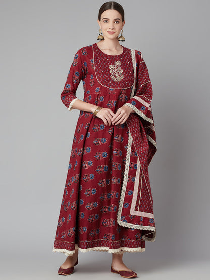 Women'S Red Floral Anarkali Cotton Kurta Pant Set With Dupatta | LASVINI - Redefining Indian Fashion with Elegance