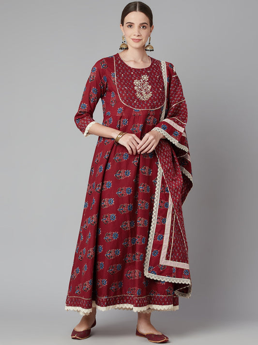 Women'S Red Floral Anarkali Cotton Kurta Pant Set With Dupatta | LASVINI - Redefining Indian Fashion with Elegance