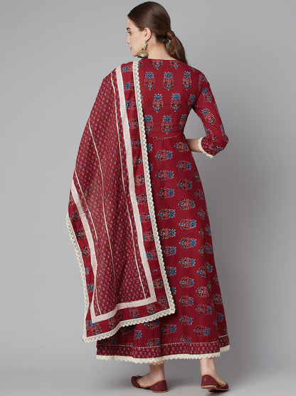 Women'S Red Floral Anarkali Cotton Kurta Pant Set With Dupatta | LASVINI - Redefining Indian Fashion with Elegance