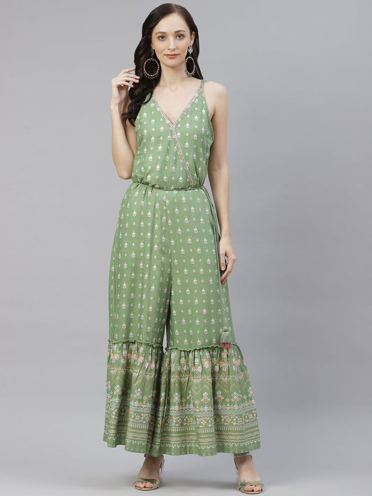 Women'S Green Angrakha Shoulder Strips Jumpsuit | LASVINI - Redefining Indian Fashion with Elegance