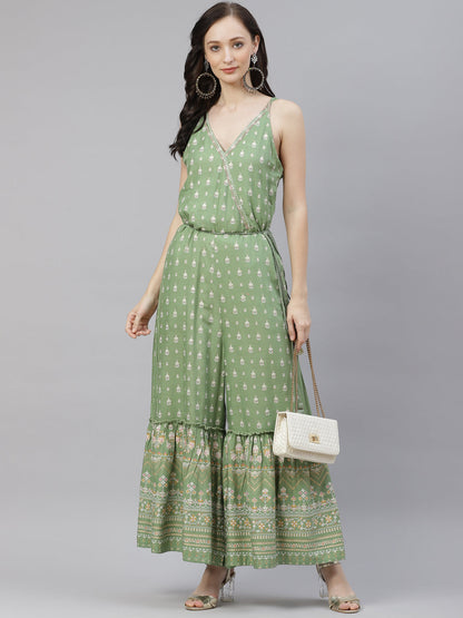 Women'S Green Angrakha Shoulder Strips Jumpsuit | LASVINI - Redefining Indian Fashion with Elegance