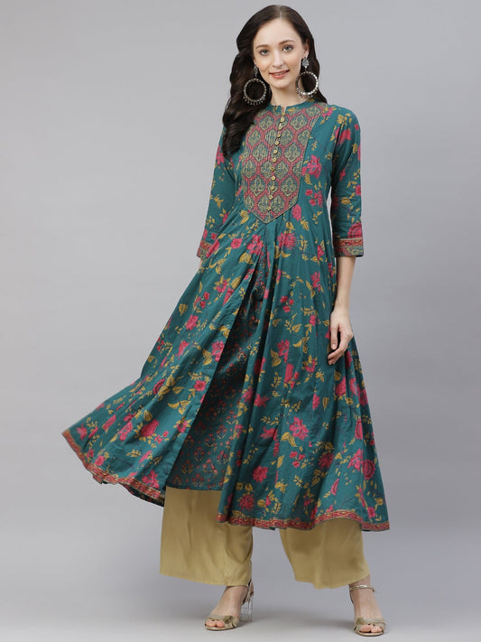 Women'S Block Print Cotton Flaired Anarkali Kurta | LASVINI - Redefining Indian Fashion with Elegance