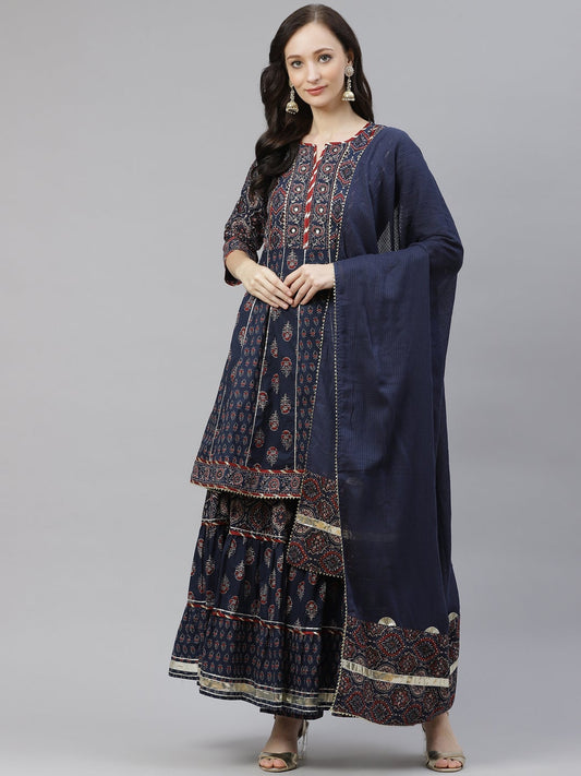 Women'S Indigo Cotton Short Kurti Sharara Set With Dupatta | LASVINI - Redefining Indian Fashion with Elegance