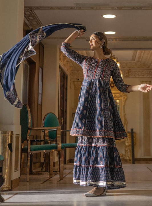Women Indigo Cotton Short Kurti Sharara Set With Dupatta | LASVINI - Redefining Indian Fashion with Elegance