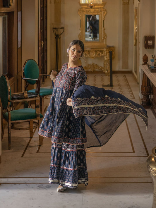 Women'S Indigo Cotton Short Kurti Sharara Set With Dupatta | LASVINI - Redefining Indian Fashion with Elegance