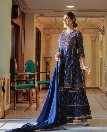 Women'S Indigo Cotton Short Kurti Sharara Set With Dupatta | LASVINI - Redefining Indian Fashion with Elegance