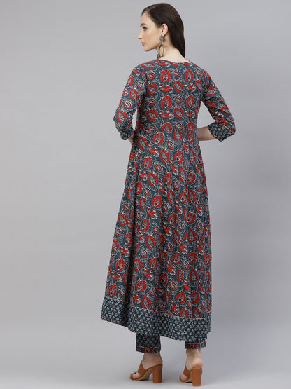 Women'S Dark Green Cotton Flaired Kurta Pant Set | LASVINI - Redefining Indian Fashion with Elegance
