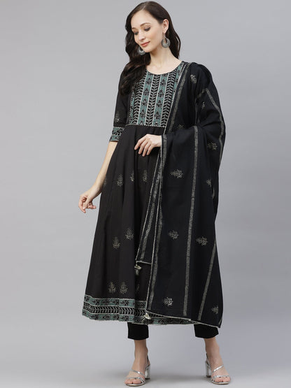 Women'S Black Cotton Anarkali Kurta Pant Set With Dupatta | LASVINI - Redefining Indian Fashion with Elegance