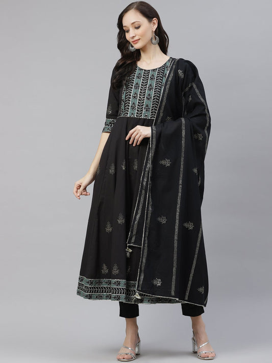 Women'S Black Cotton Anarkali Kurta Pant Set With Dupatta | LASVINI - Redefining Indian Fashion with Elegance