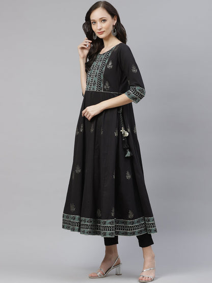 Women'S Black Cotton Anarkali Kurta Pant Set With Dupatta | LASVINI - Redefining Indian Fashion with Elegance