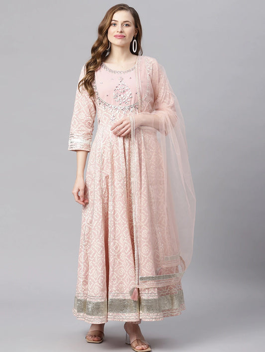 Women'S Light Pink Cotton Anarkali Gown Pant Set With Net Dupatta | LASVINI - Redefining Indian Fashion with Elegance