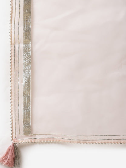 Women'S Light Pink Cotton Anarkali Gown Pant Set With Net Dupatta | LASVINI - Redefining Indian Fashion with Elegance