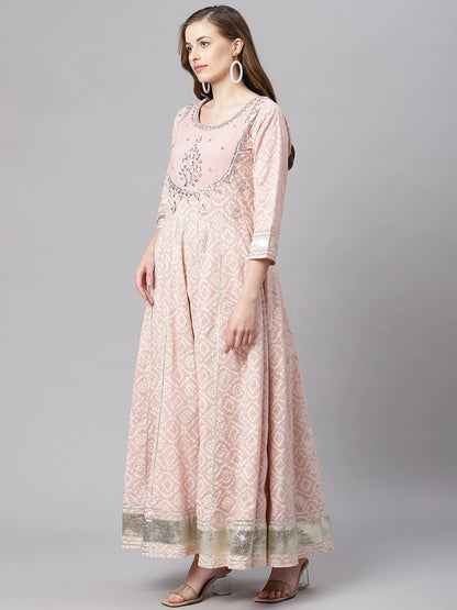 Women'S Light Pink Cotton Anarkali Gown Pant Set With Net Dupatta | LASVINI - Redefining Indian Fashion with Elegance