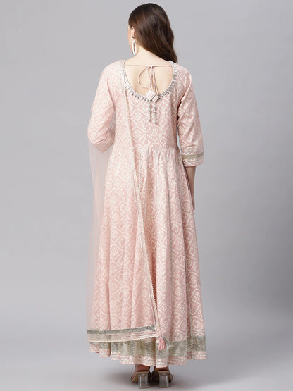 Women'S Light Pink Cotton Anarkali Gown Pant Set With Net Dupatta | LASVINI - Redefining Indian Fashion with Elegance