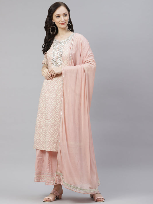 Women'S Light Pink Cotton Straight Kurta Palazzo Set With Dupatta | LASVINI - Redefining Indian Fashion with Elegance